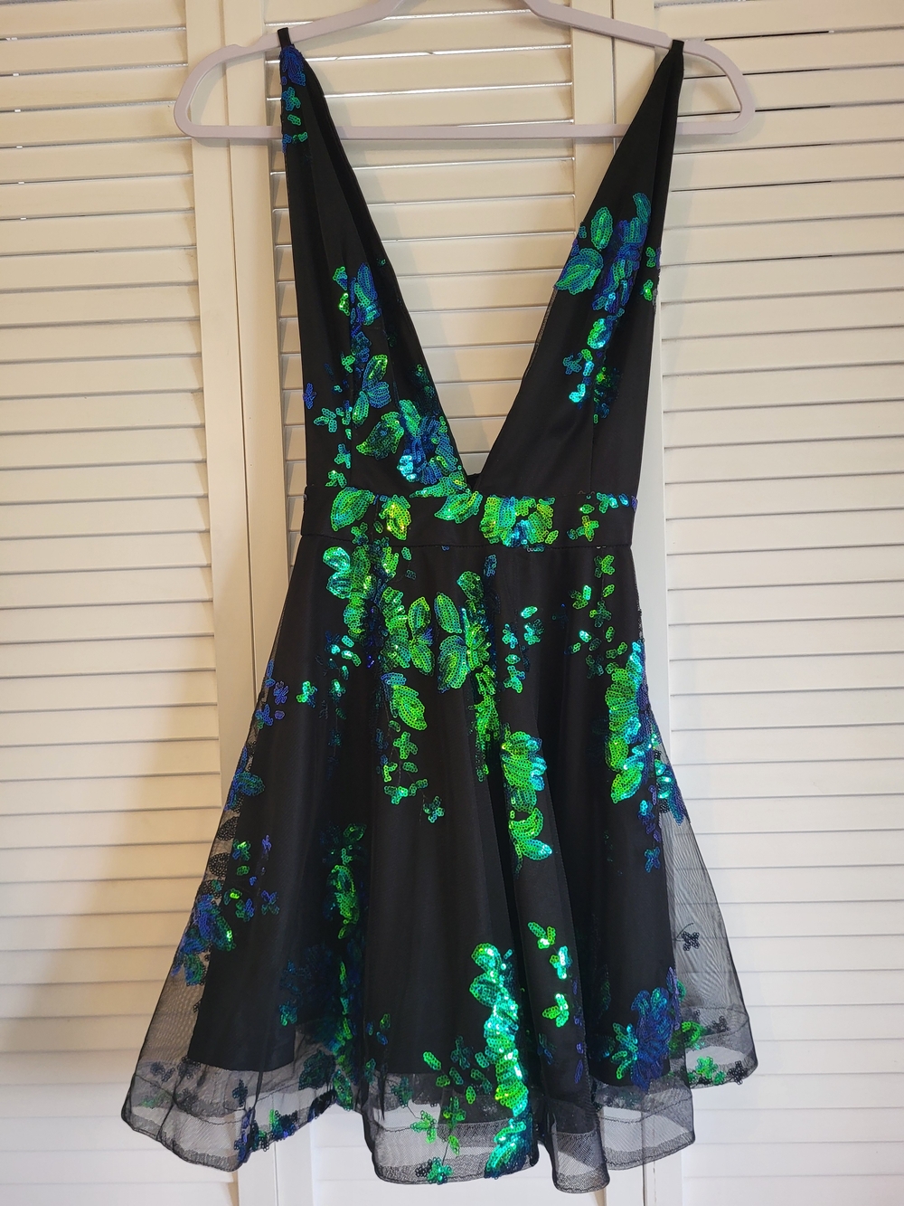 Black Dress with Green & Blue Sequin Floral Accents